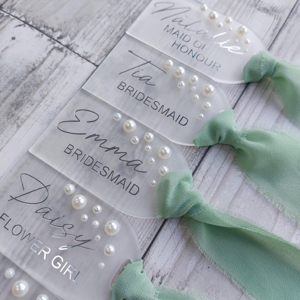 Personalised Frosted Acrylic Wedding Hanger Tag: Pearl Detail, Photo Prop