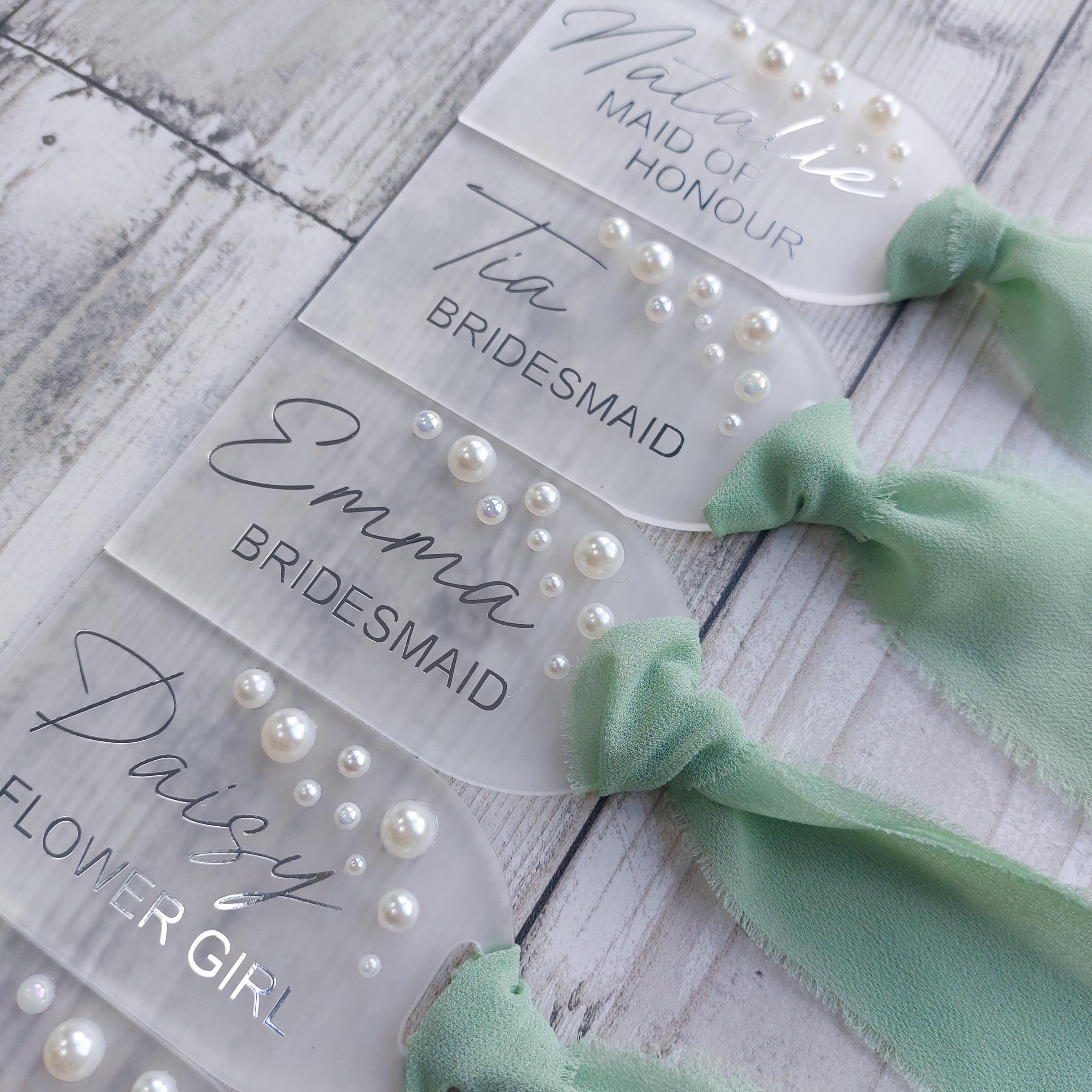 Personalised Frosted Acrylic Wedding Hanger Tag: Pearl Detail, Photo Prop