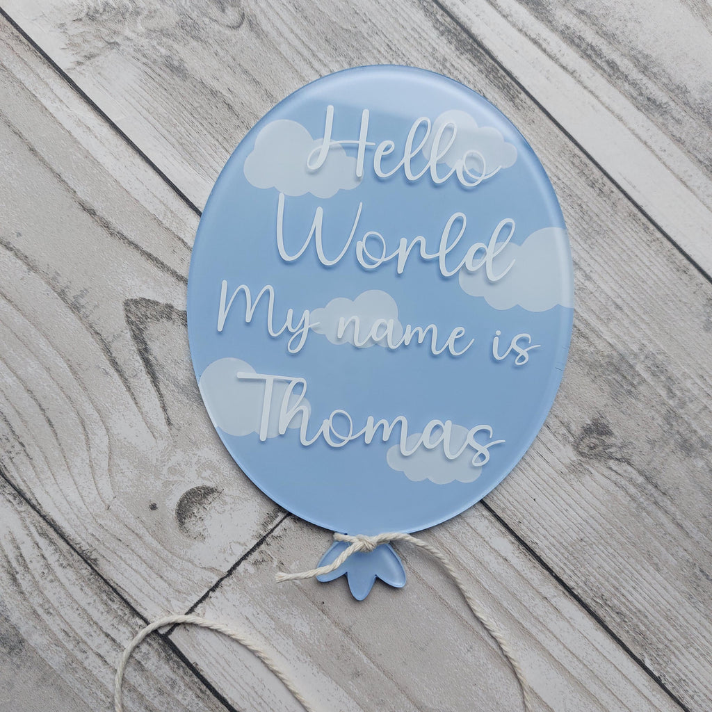 Personalised Acrylic Birth Announcement Balloon: Hello World Baby Photo Prop