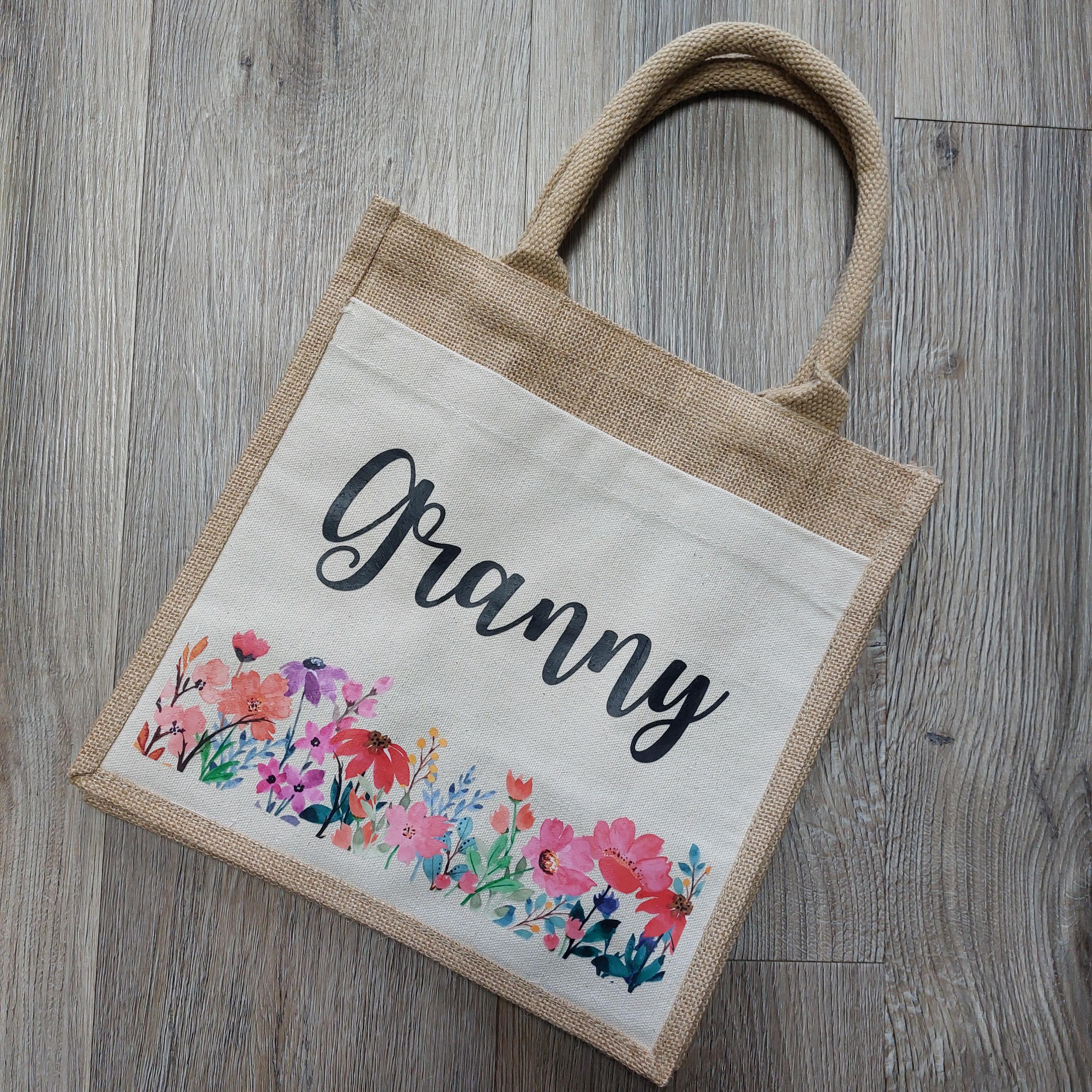 Mum Jute Bag, Personalised Floral Shopper, Mothers Day Gift, Present for Nanna