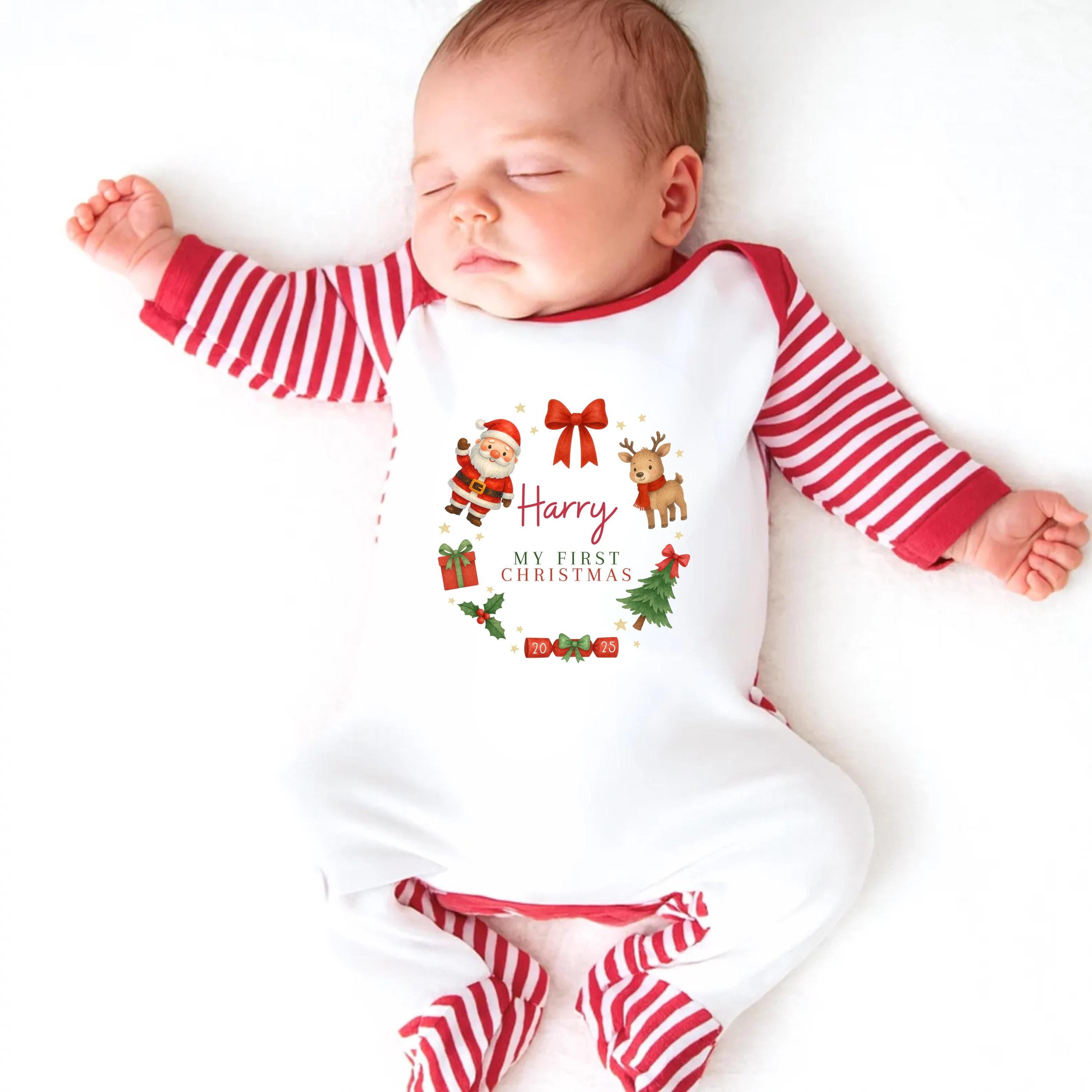 Personalized First Christmas Baby Grow, Red Striped Cotton Sleepsuit