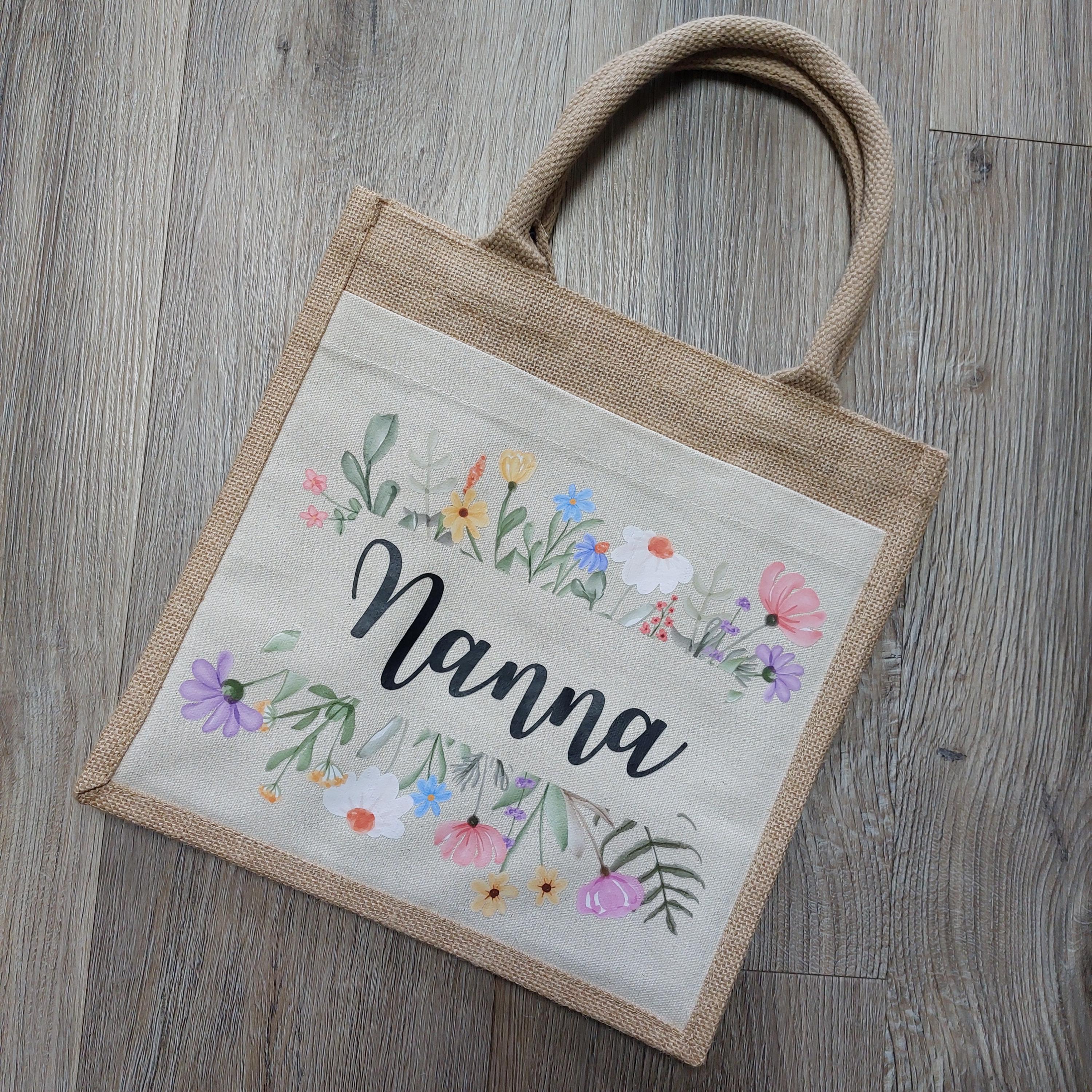 Mum Jute Bag, Personalised Floral Shopper, Mothers Day Gift, Present for Nanna