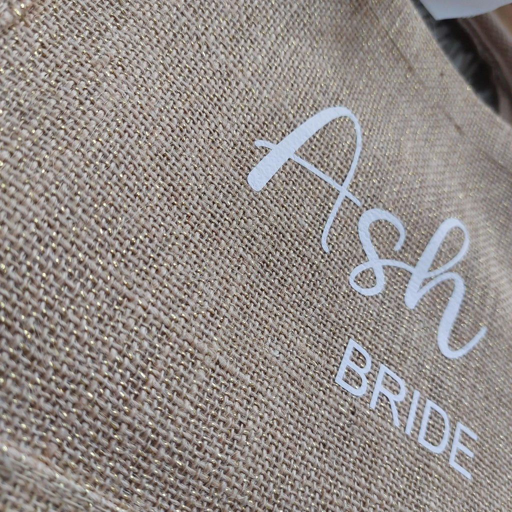 Personalised Jute Bridesmaid Bag, Gold Shimmer Bridal Party Gift