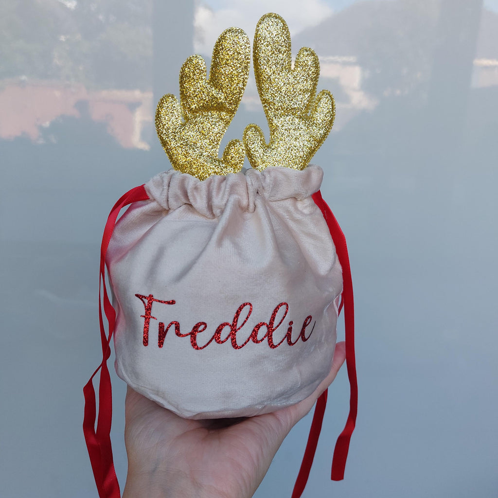 Personalised Christmas Reindeer Treat Bag: Gold or Silver Antlers