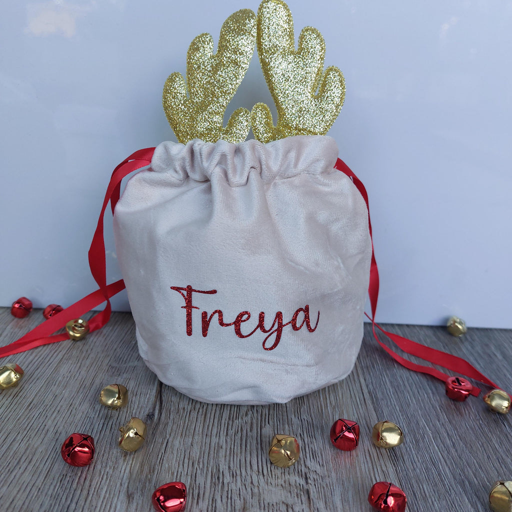 Personalised Christmas Reindeer Treat Bag: Gold or Silver Antlers