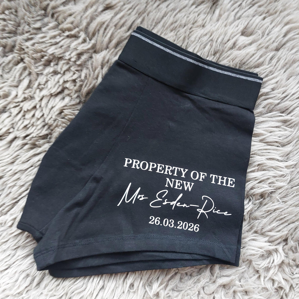 Personalised Groom Boxers, Groom Gift, Property Of The New Mrs Underwear