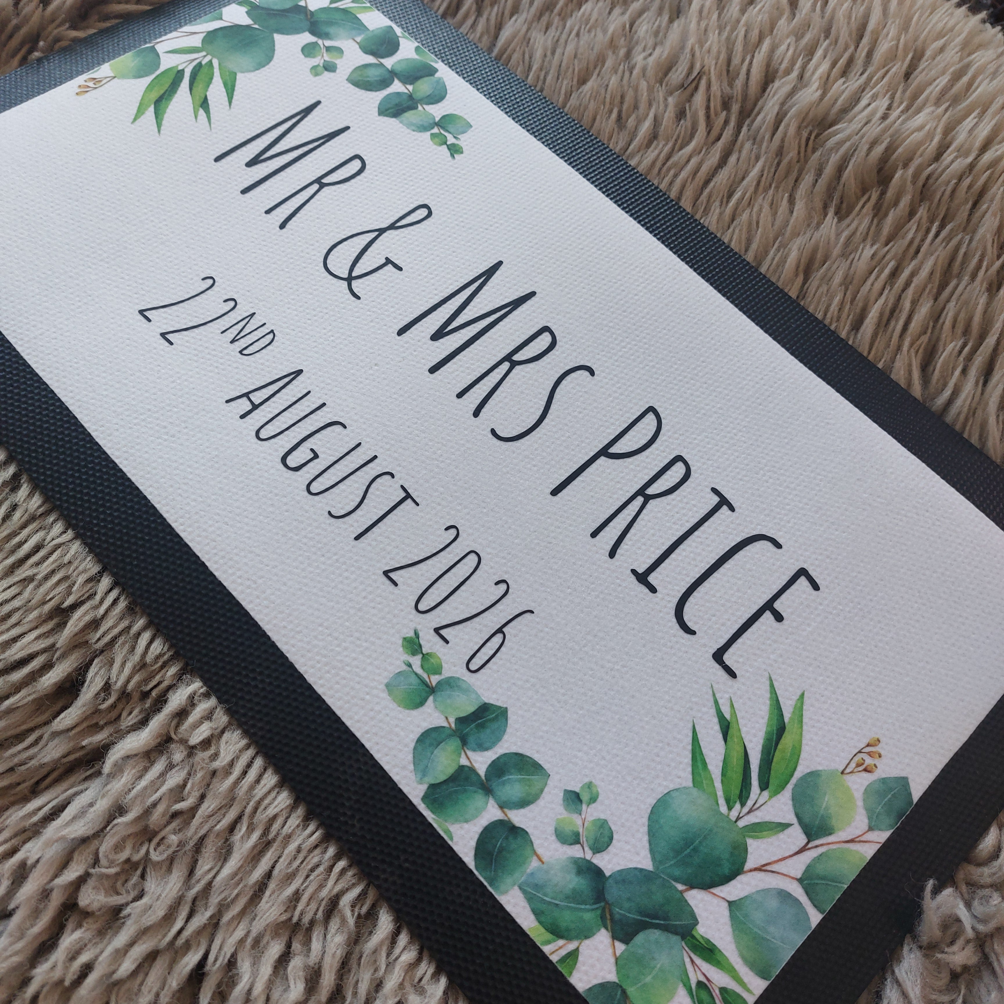 Personalised Wedding Bar Mat, Eucalyptus Floral Design, Custom Name Date Runner