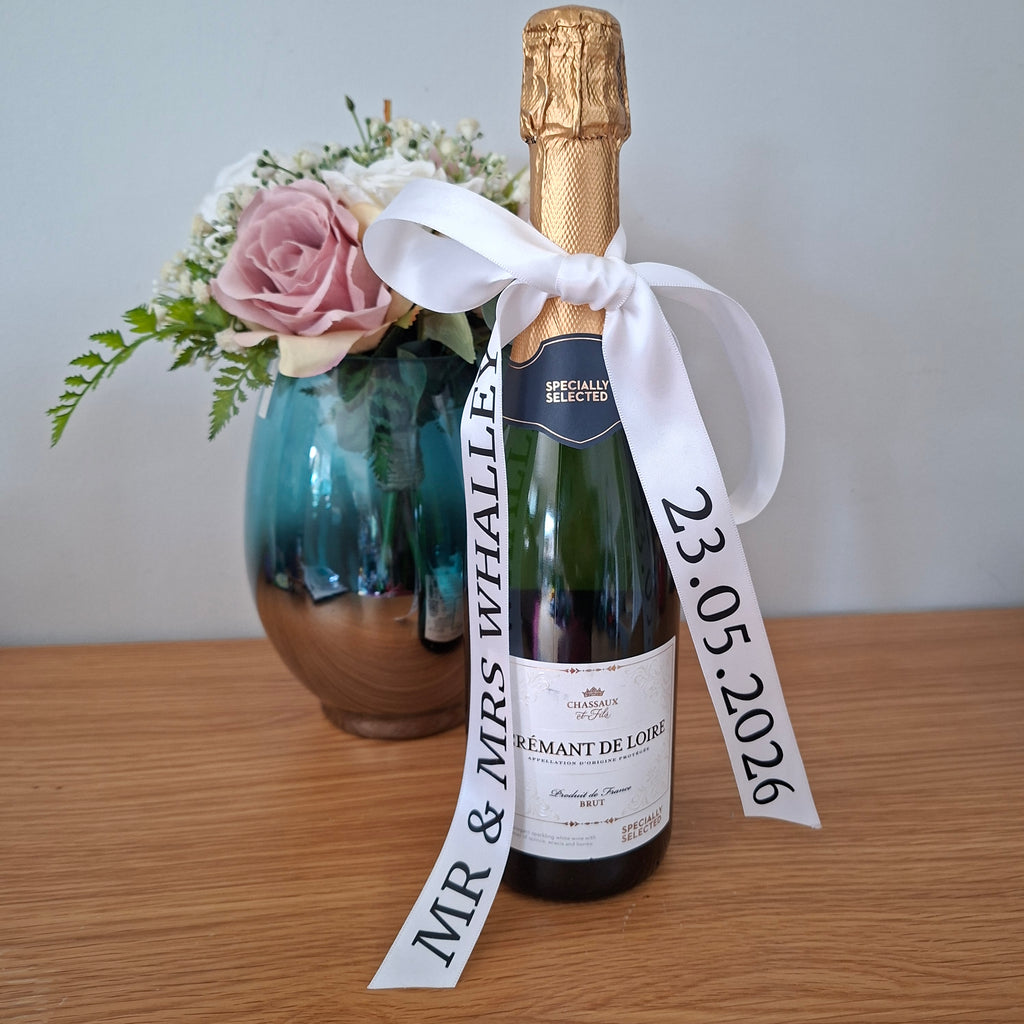 Personalised Wedding Champagne Ribbon, Satin Ribbon Bottle, Mr & Mrs Gift