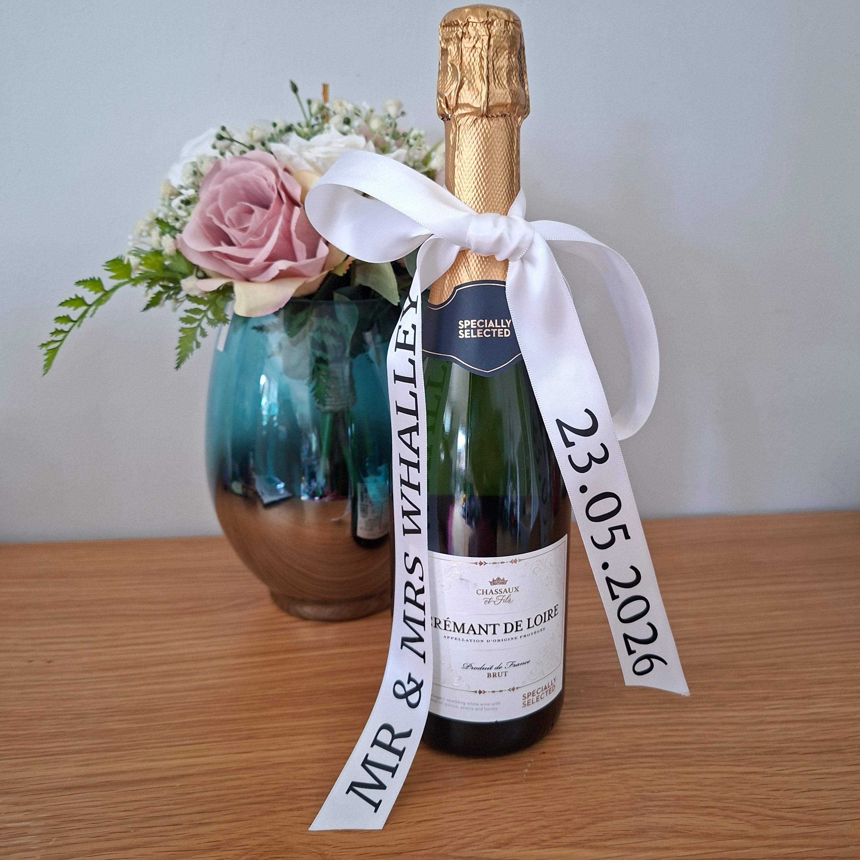 Personalised Wedding Champagne Ribbon, Satin Ribbon Bottle, Mr & Mrs Gift