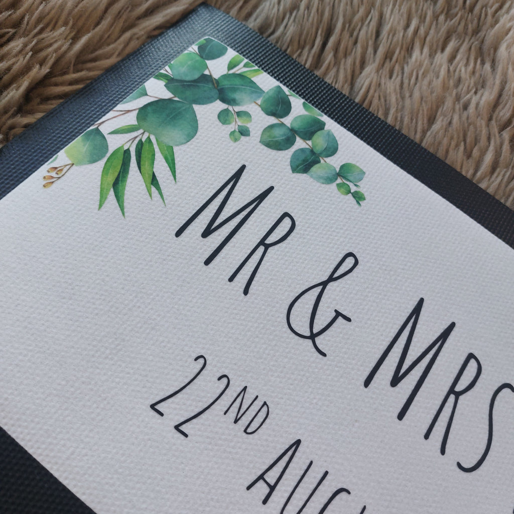 Personalised Wedding Bar Mat, Eucalyptus Floral Design, Custom Name Date Runner