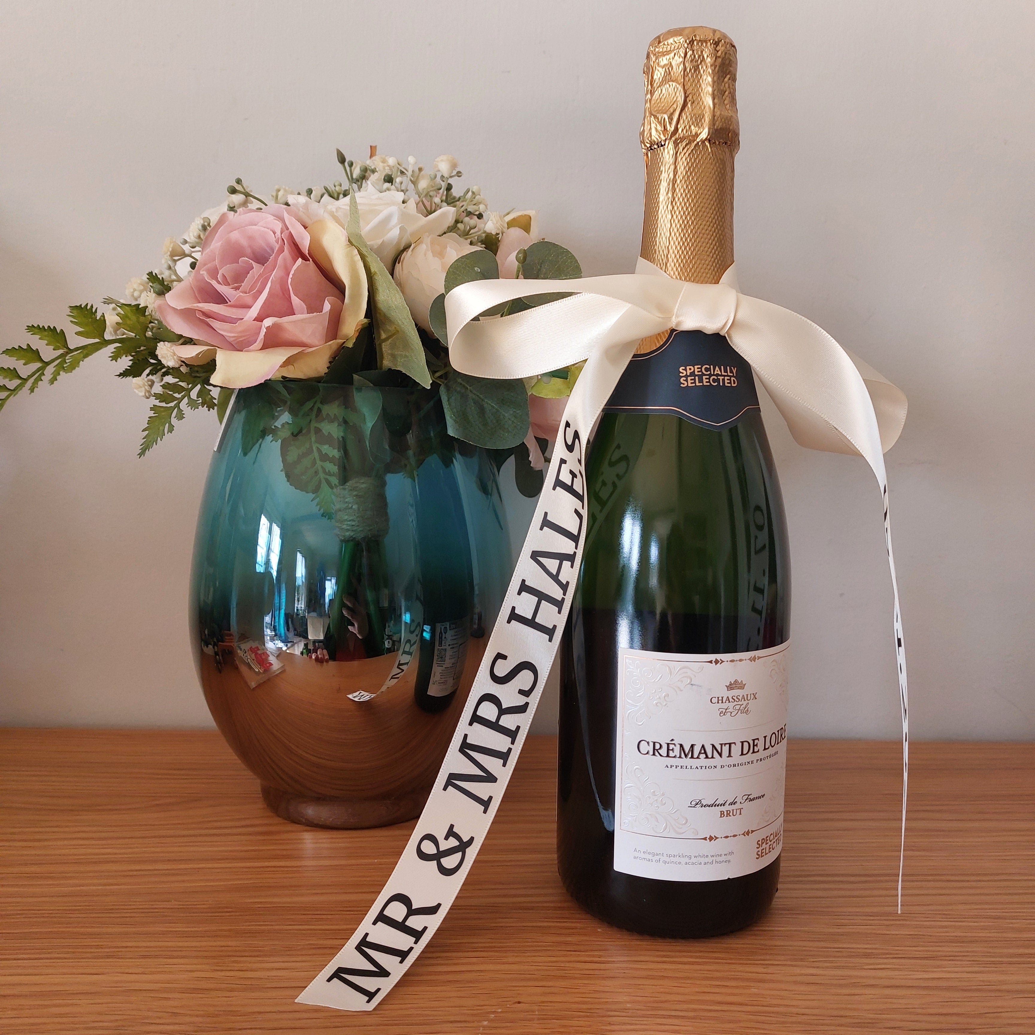 Personalised Wedding Champagne Ribbon, Satin Ribbon Bottle, Mr & Mrs Gift