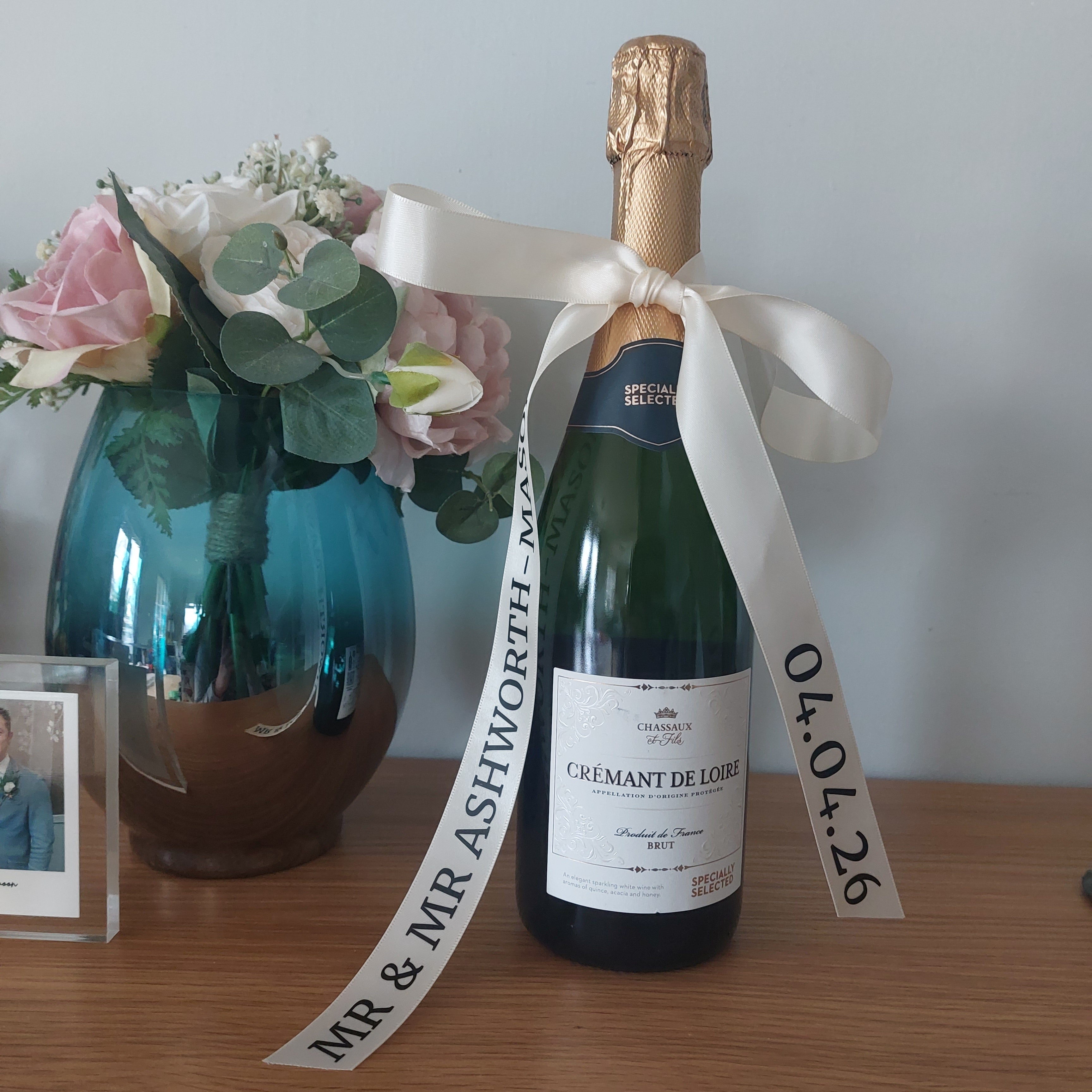 Personalised Wedding Champagne Ribbon, Satin Ribbon Bottle, Mr & Mrs Gift
