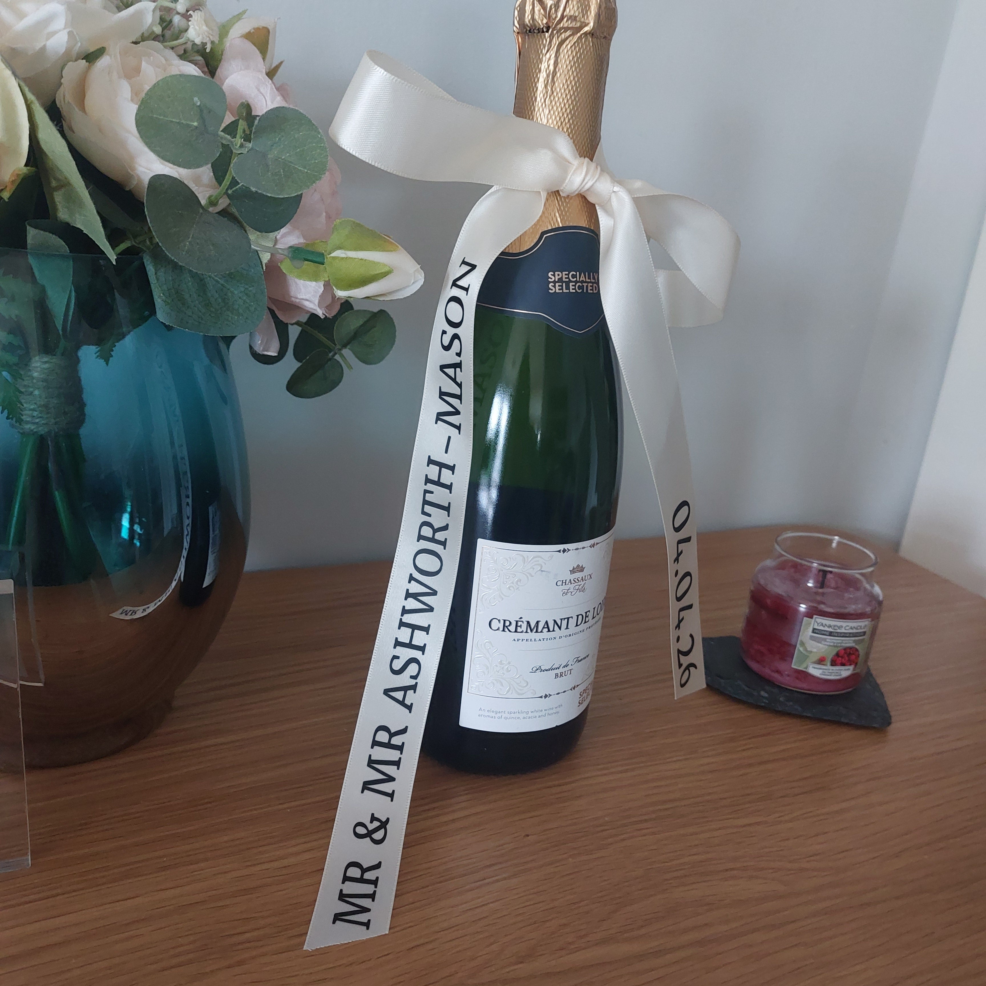 Personalised Wedding Champagne Ribbon, Satin Ribbon Bottle, Mr & Mrs Gift