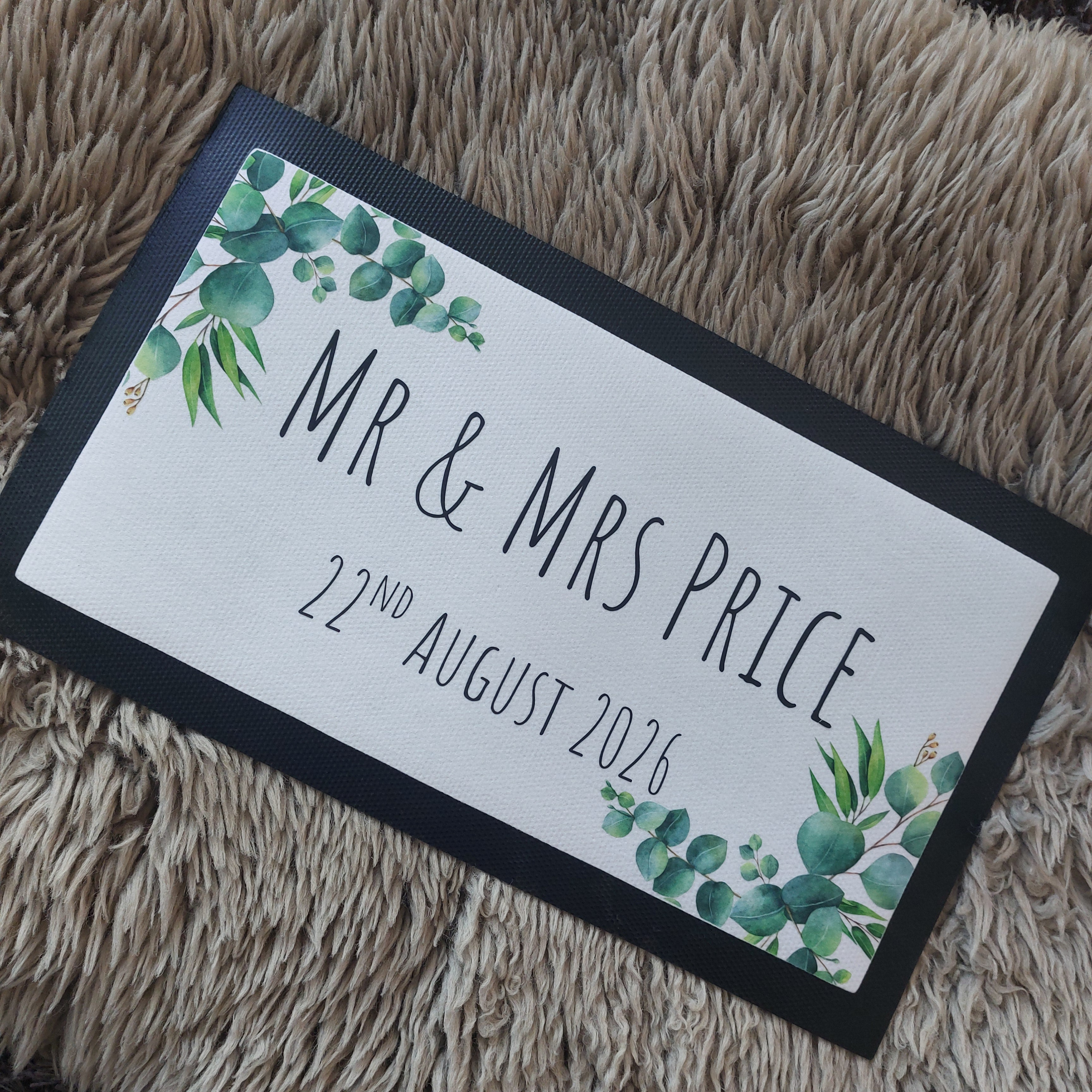 Personalised Wedding Bar Mat, Eucalyptus Floral Design, Custom Name Date Runner
