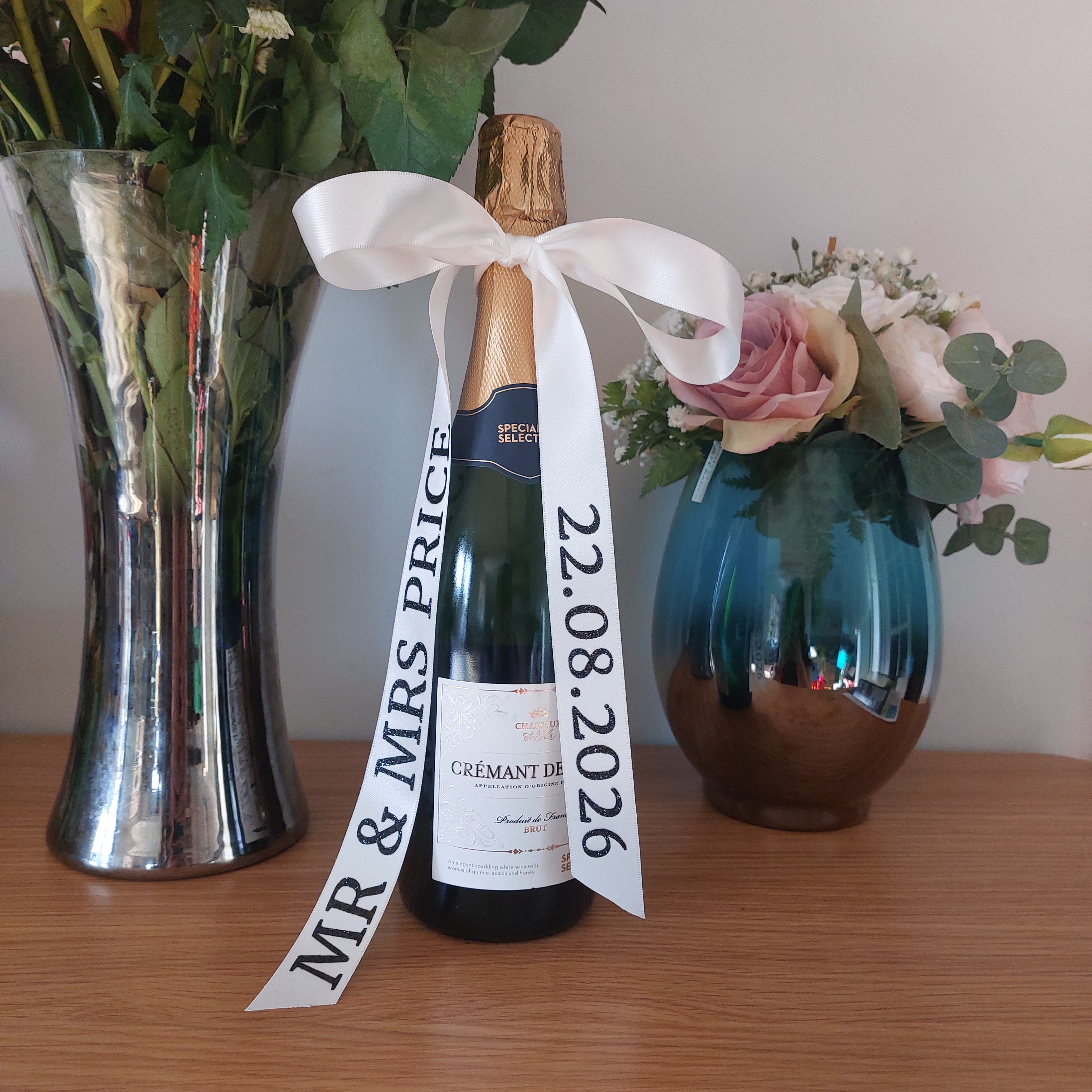 Personalised Wedding Champagne Ribbon, Satin Ribbon Bottle, Mr & Mrs Gift