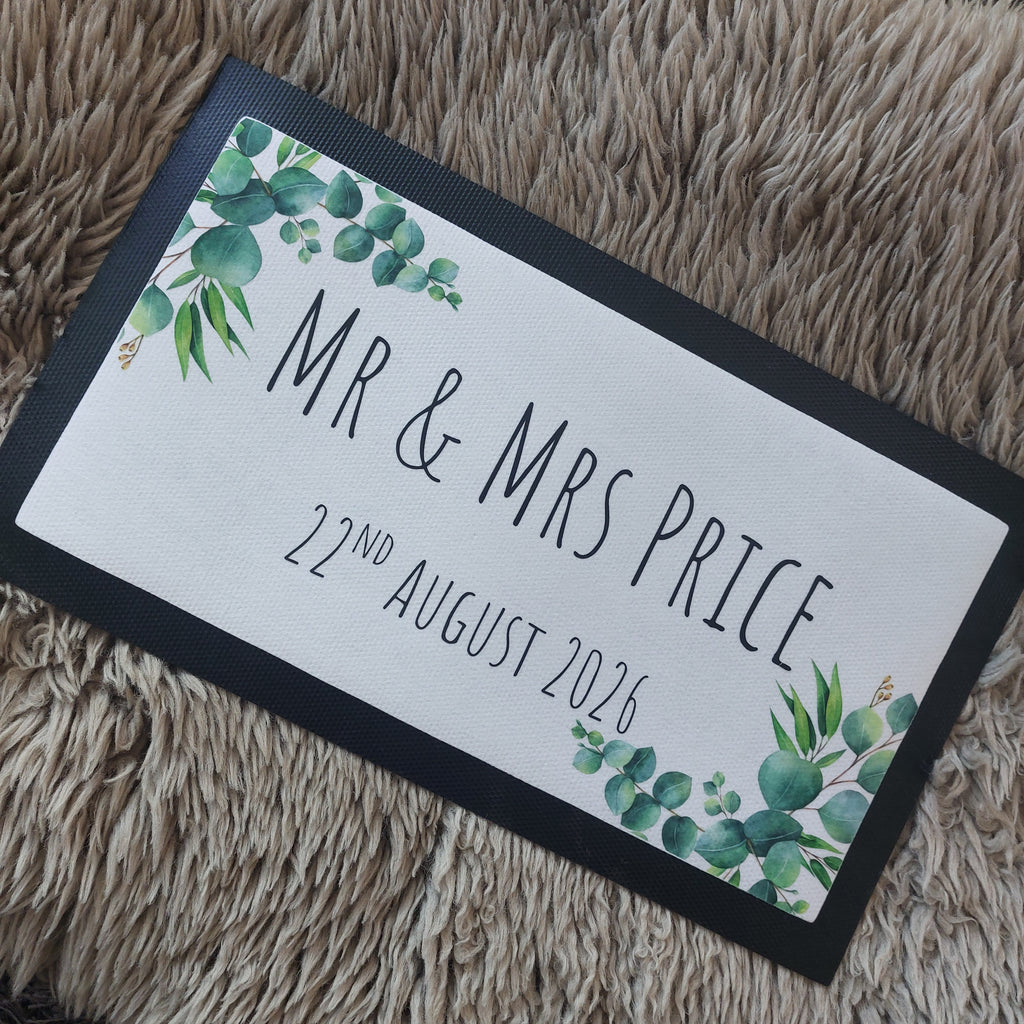 Personalised Wedding Bar Mat, Eucalyptus Floral Design, Custom Name Date Runner
