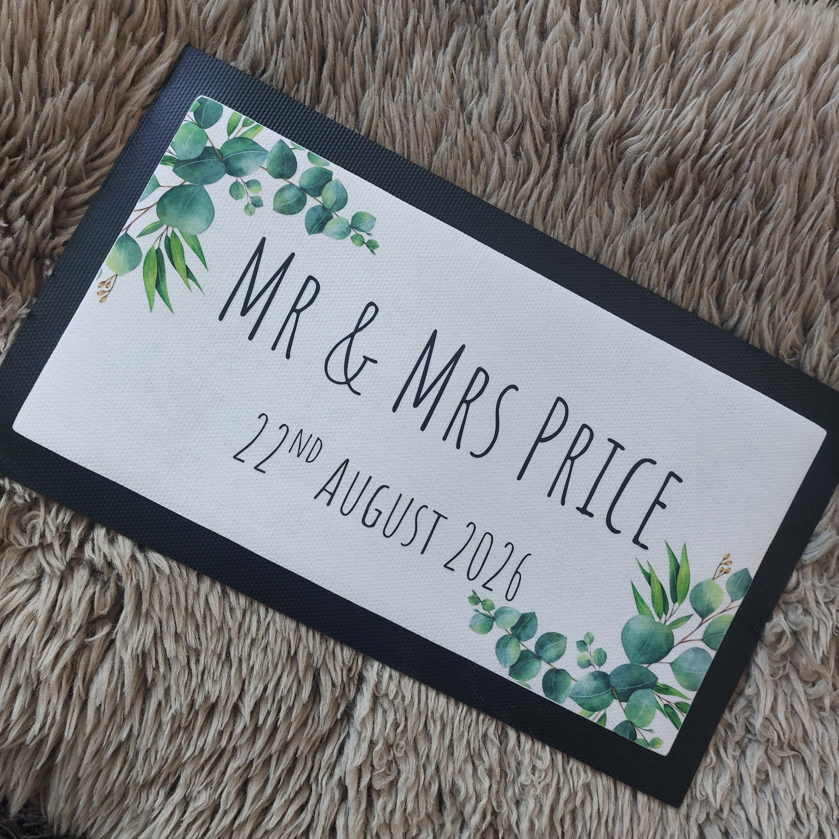 Personalised Wedding Bar Mat, Eucalyptus Floral Design, Custom Name Date Runner