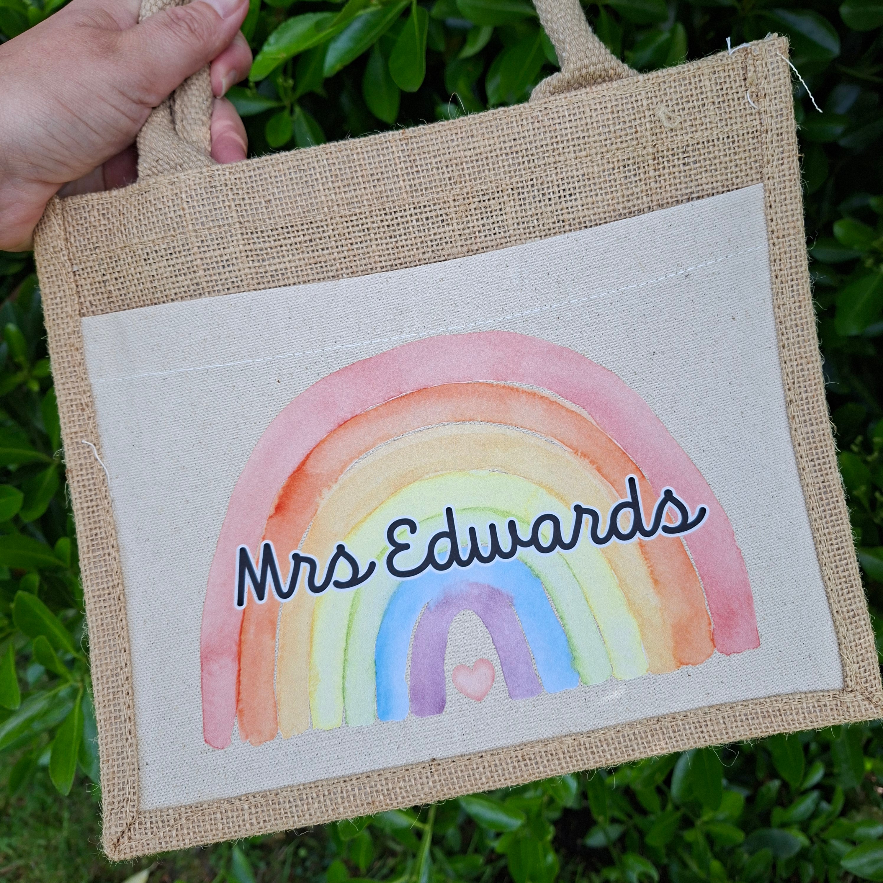 Personalised Teacher Tote Bag: Jute, Rainbow Teacher Bag, Teacher Thank You Gift