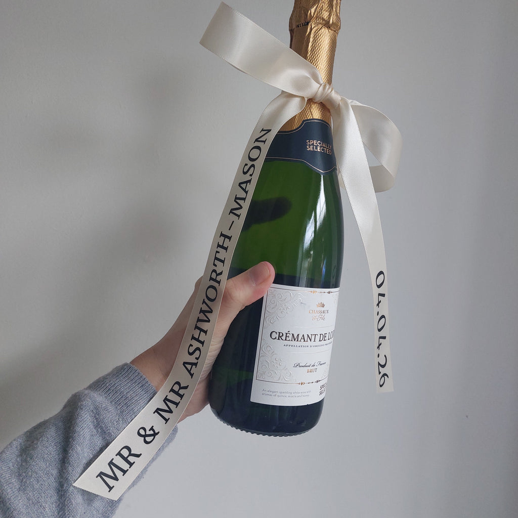 Personalised Wedding Champagne Ribbon, Satin Ribbon Bottle, Mr & Mrs Gift