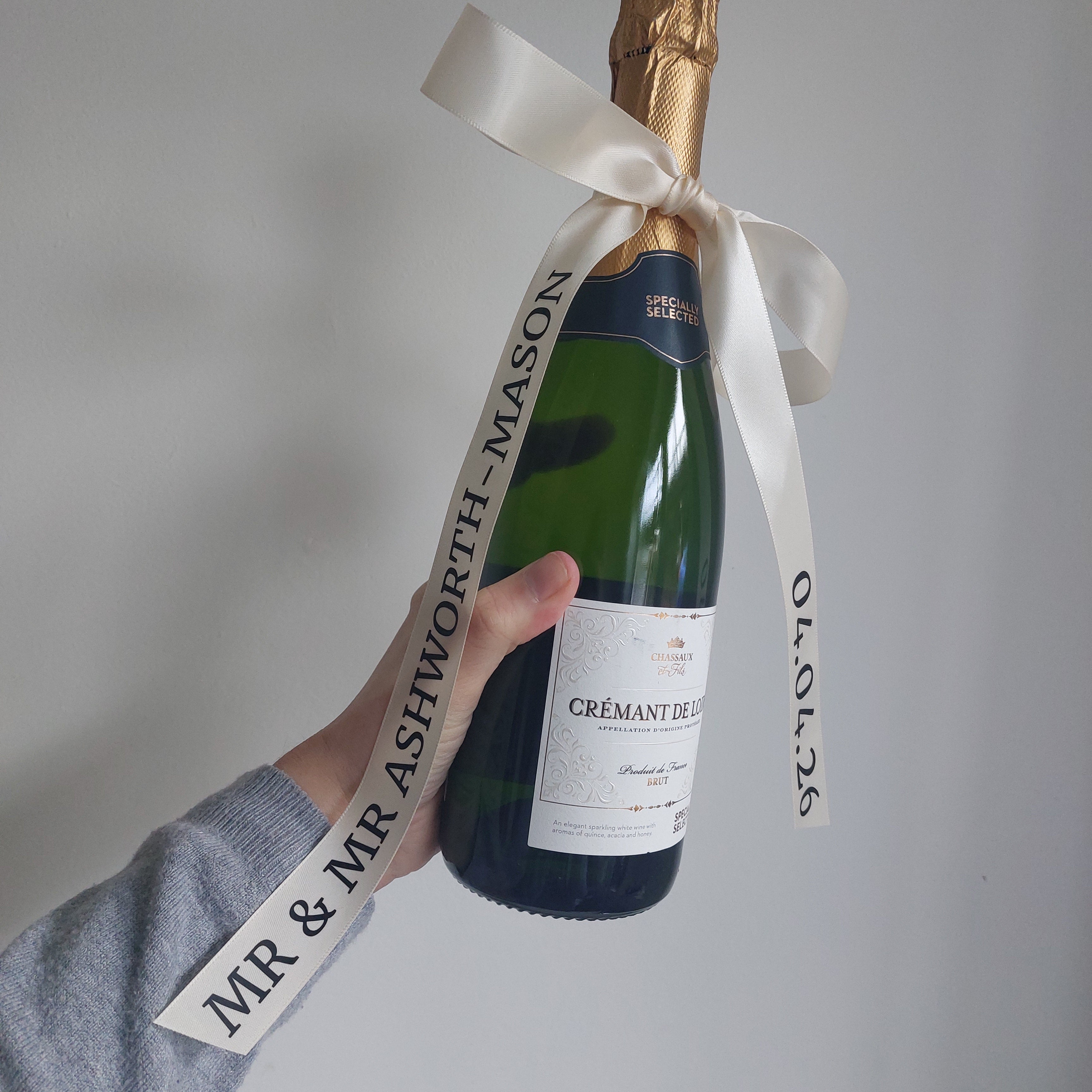 Personalised Wedding Champagne Ribbon, Satin Ribbon Bottle, Mr & Mrs Gift