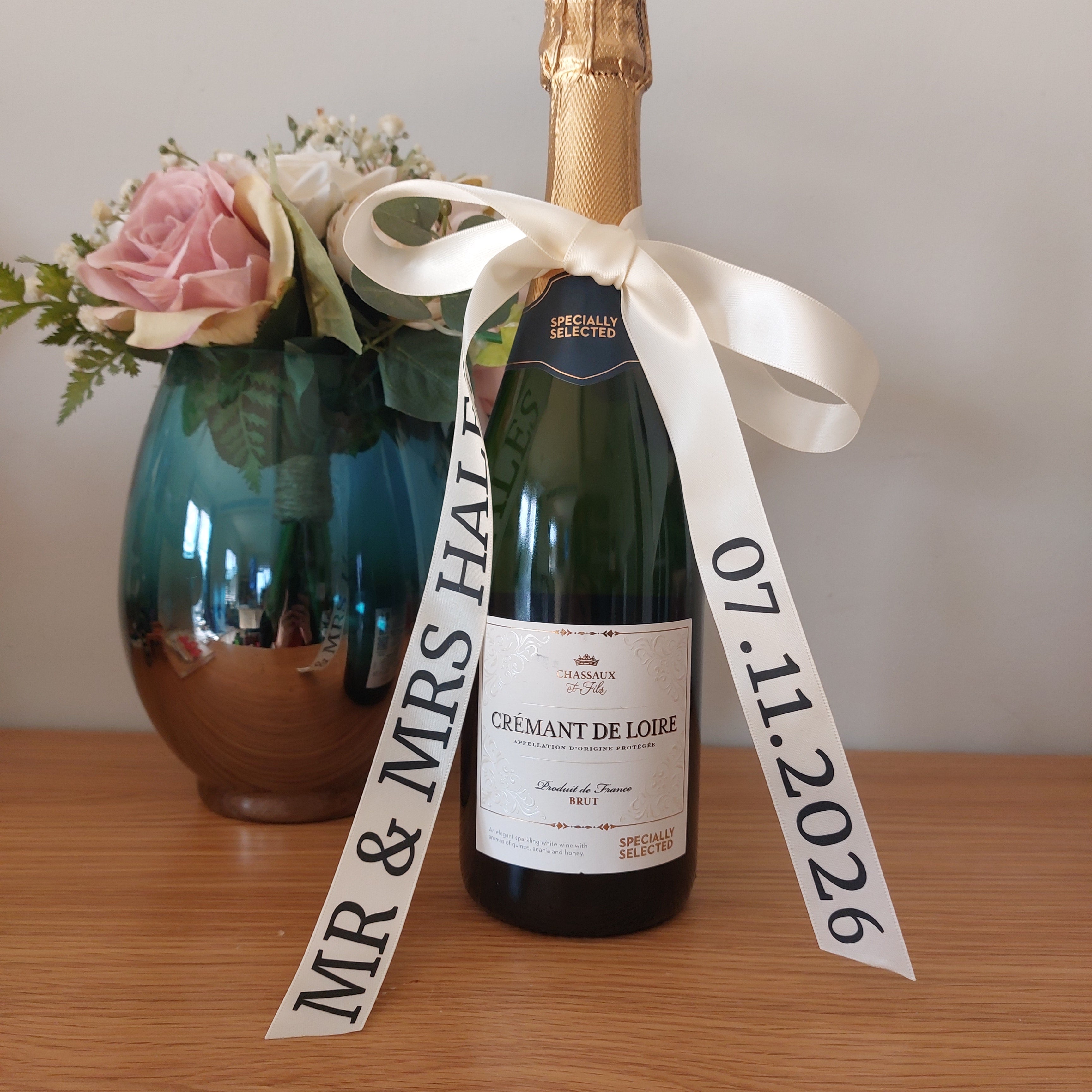 Personalised Wedding Champagne Ribbon, Satin Ribbon Bottle, Mr & Mrs Gift