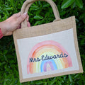 Personalised Teacher Tote Bag: Jute, Rainbow Teacher Bag, Teacher Thank You Gift