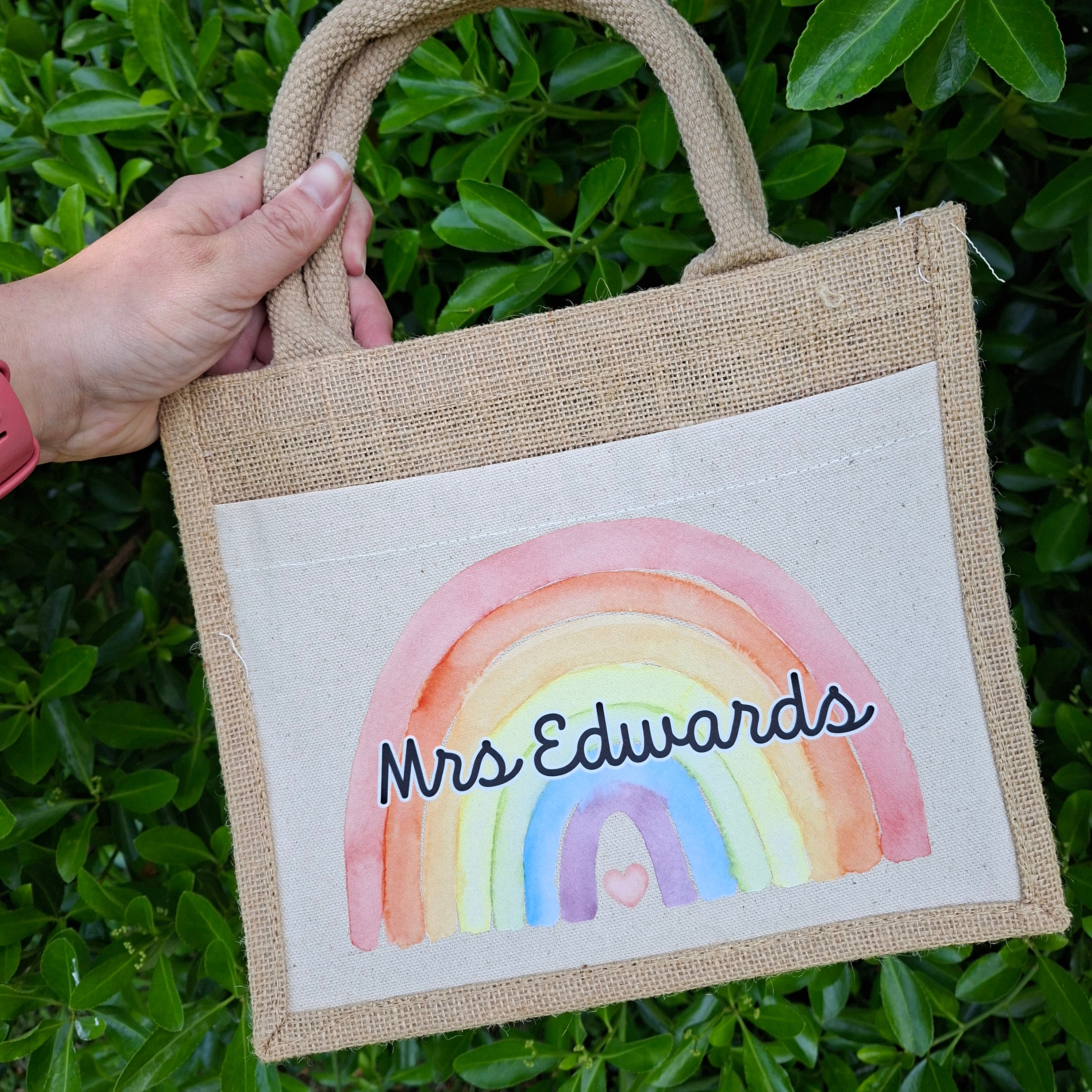 Personalised Teacher Tote Bag: Jute, Rainbow Teacher Bag, Teacher Thank You Gift