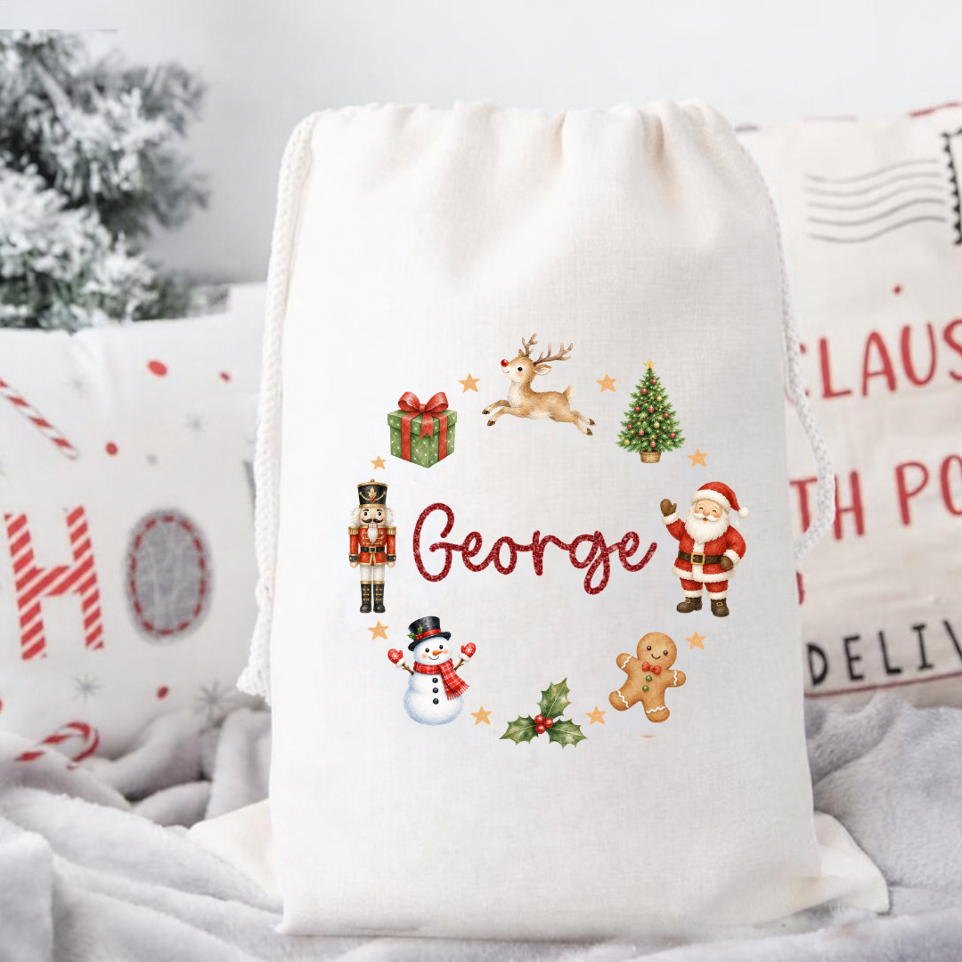 Personalised Christmas Wreath Santa Sack – Name Gift Sack