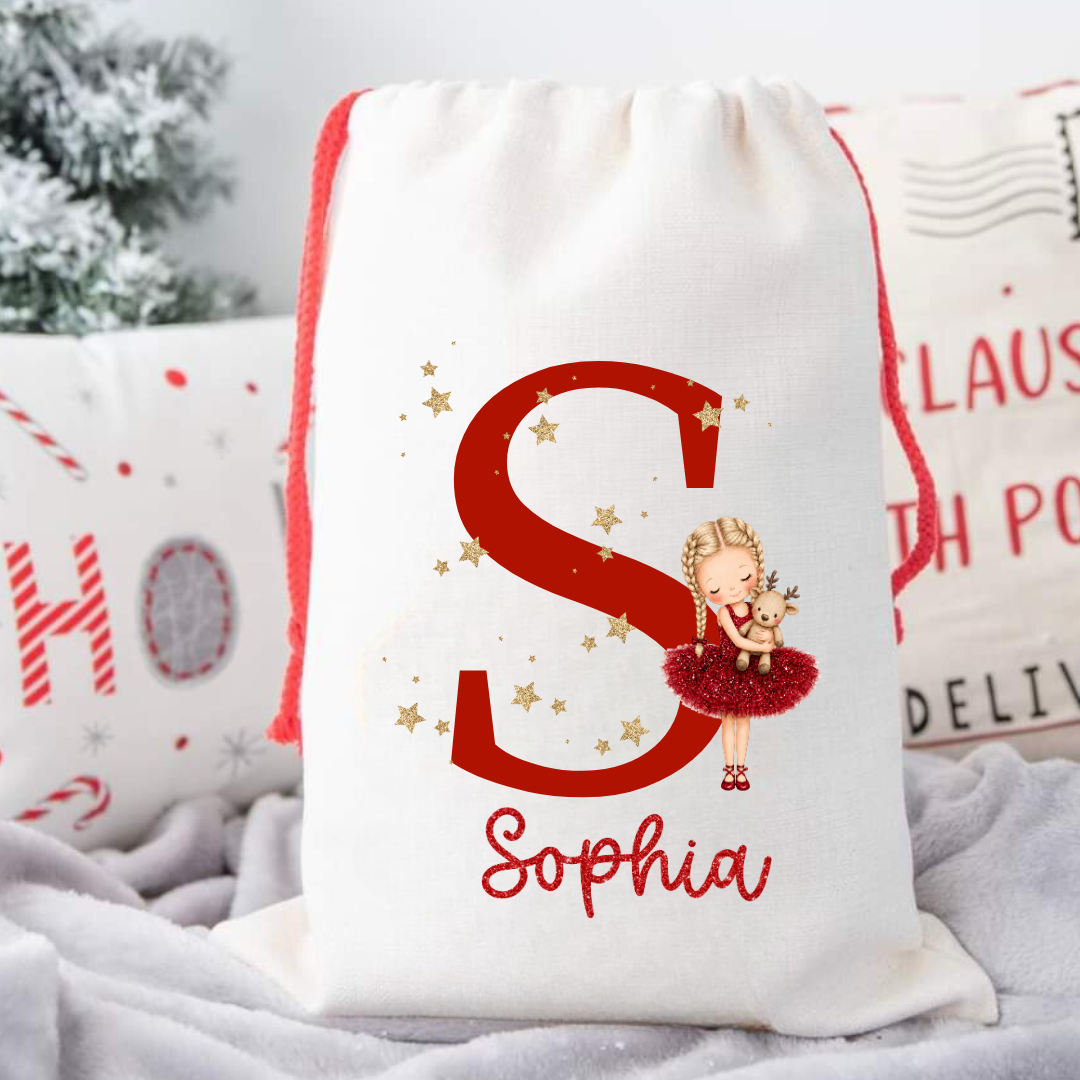 Personalised Initial & Name Christmas Sack – Tutu Girl or Nutcracker Boy