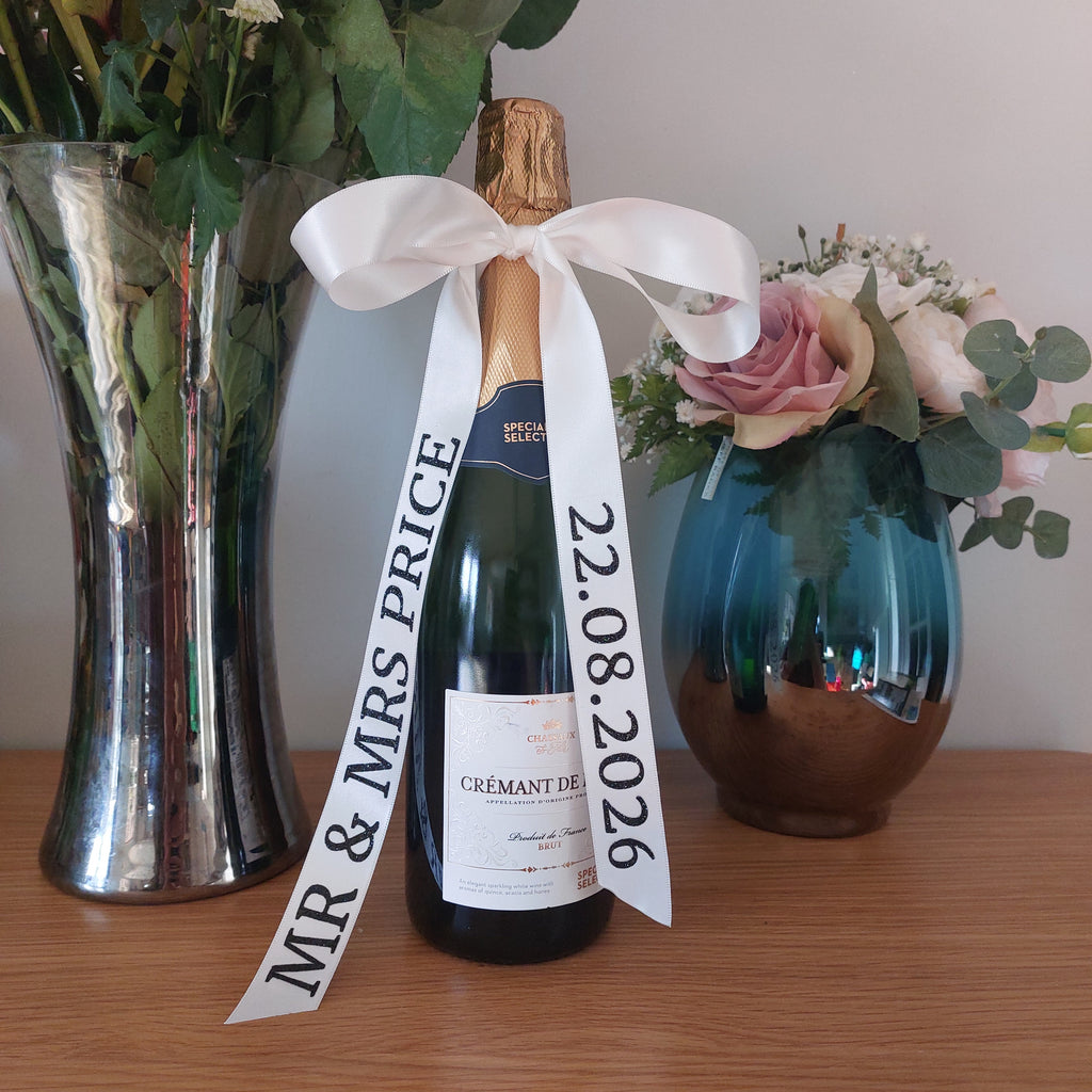 Personalised Wedding Champagne Ribbon, Satin Ribbon Bottle, Mr & Mrs Gift