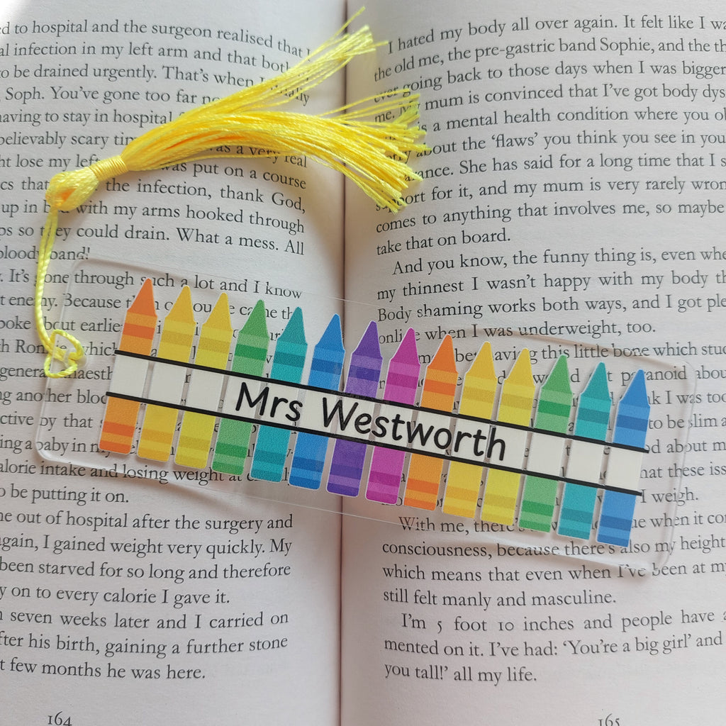 Personalised Teacher Bookmark, Crayon Teacher Bookmark, Teacher Thank You Gift
