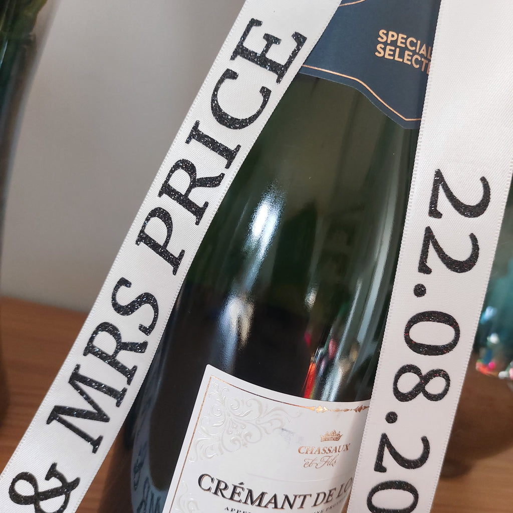 Personalised Wedding Champagne Ribbon, Satin Ribbon Bottle, Mr & Mrs Gift